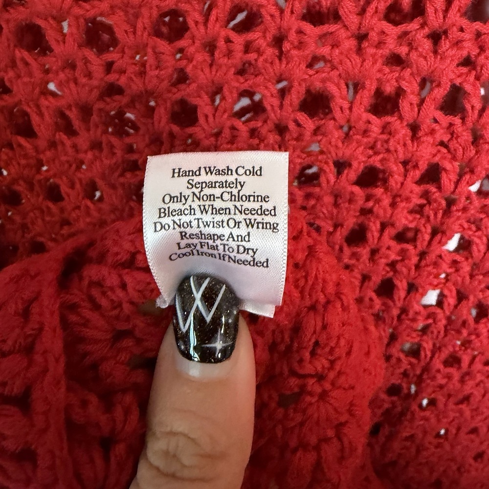 VTG 1X Red Crochet Open Knit 3/4 Sleeve Cottage Cardigan Button Grandma 90s Y2K - Picture 15 of 15